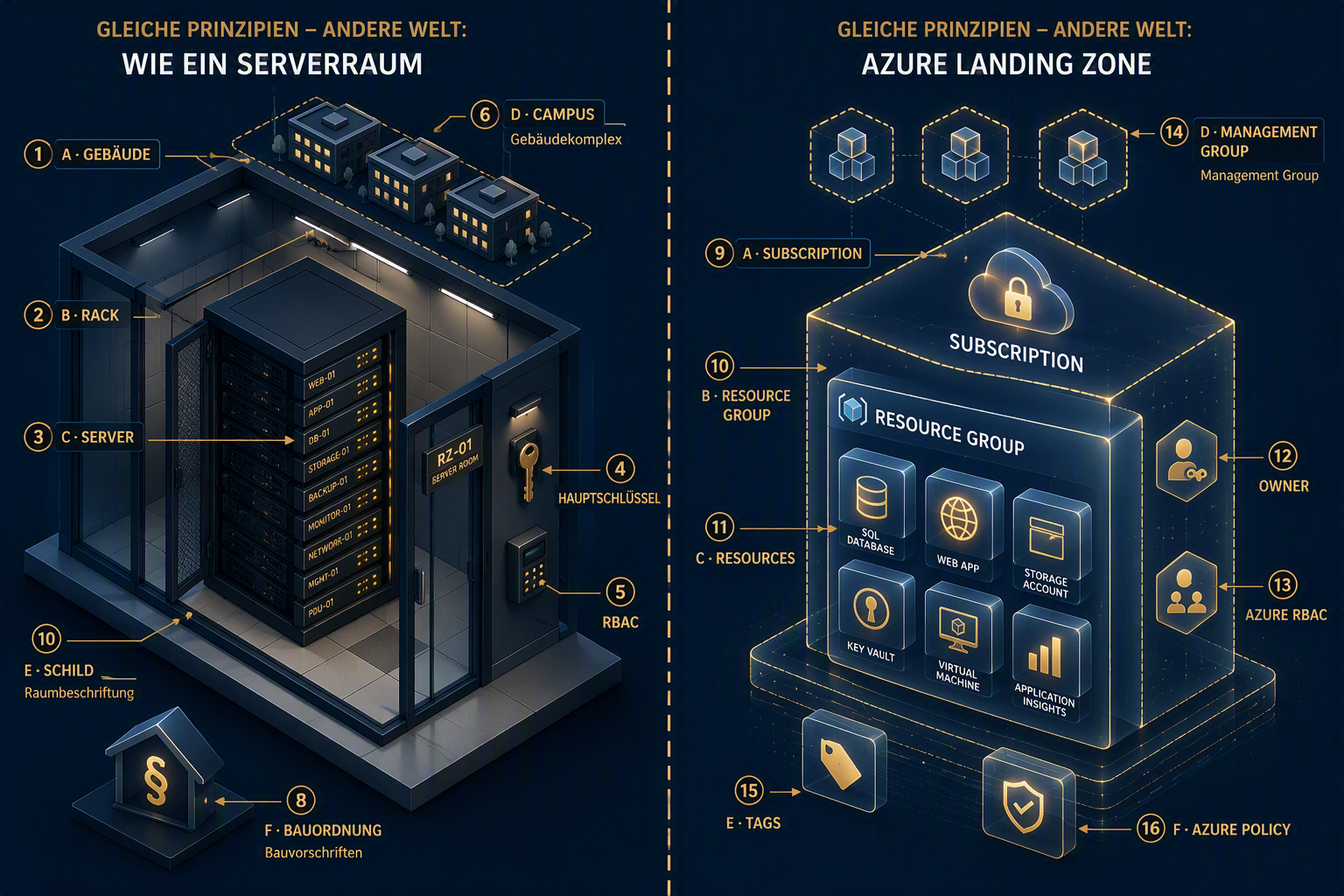Vergleich Serverraum und Azure Landing Zone