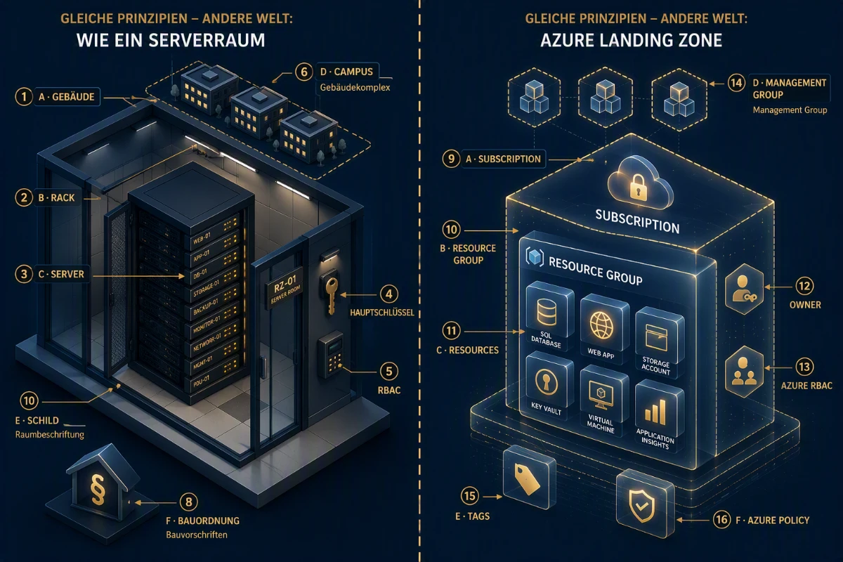 Vergleich Serverraum und Azure Landing Zone