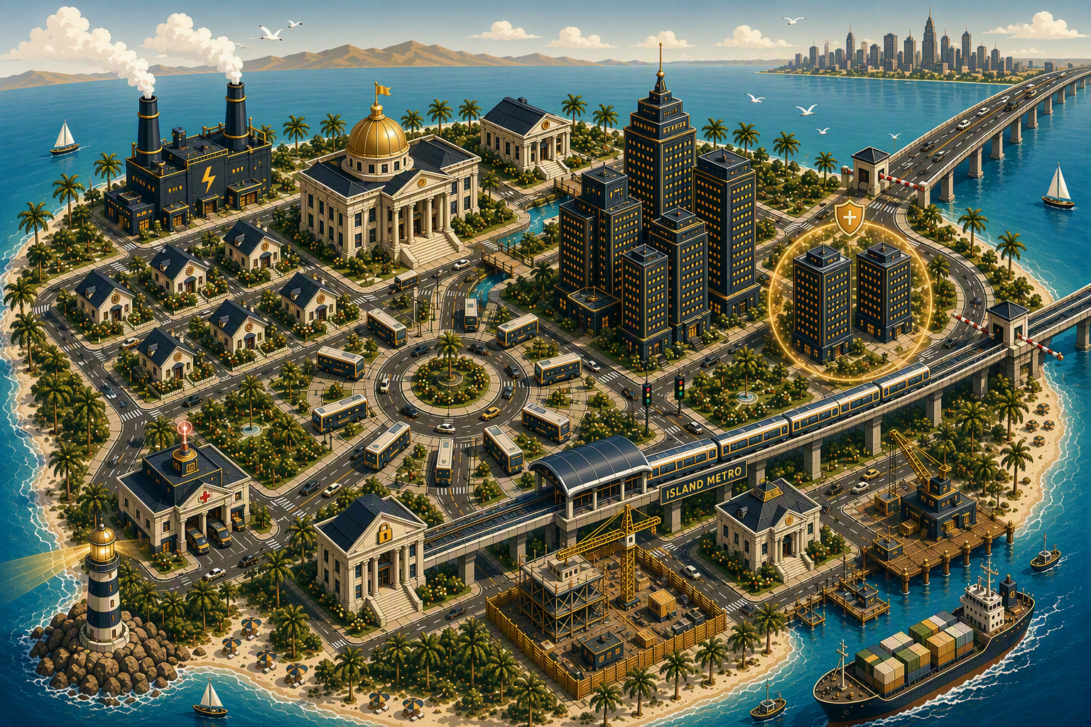 Sofian's City — illustrierte Karte einer tropischen Insel-Stadt als Metapher für moderne Cloud-Architektur. Zu sehen sind Leuchtturm, Hafen mit Frachtschiff, Hochhäuser mit Serverräumen, Metro, Stadthaus mit goldener Kuppel, Feuerwehr, Baustelle mit Kran, Kraftwerk und Autobahn zur zweiten Stadt am Horizont.