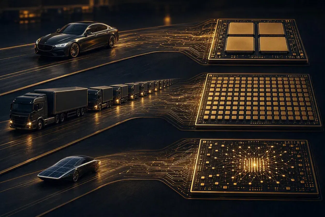 Limousine, Transporter-Konvoi und ein kompaktes Effizienz-Fahrzeug führen auf goldene CPU-, GPU- und NPU-Chips zu